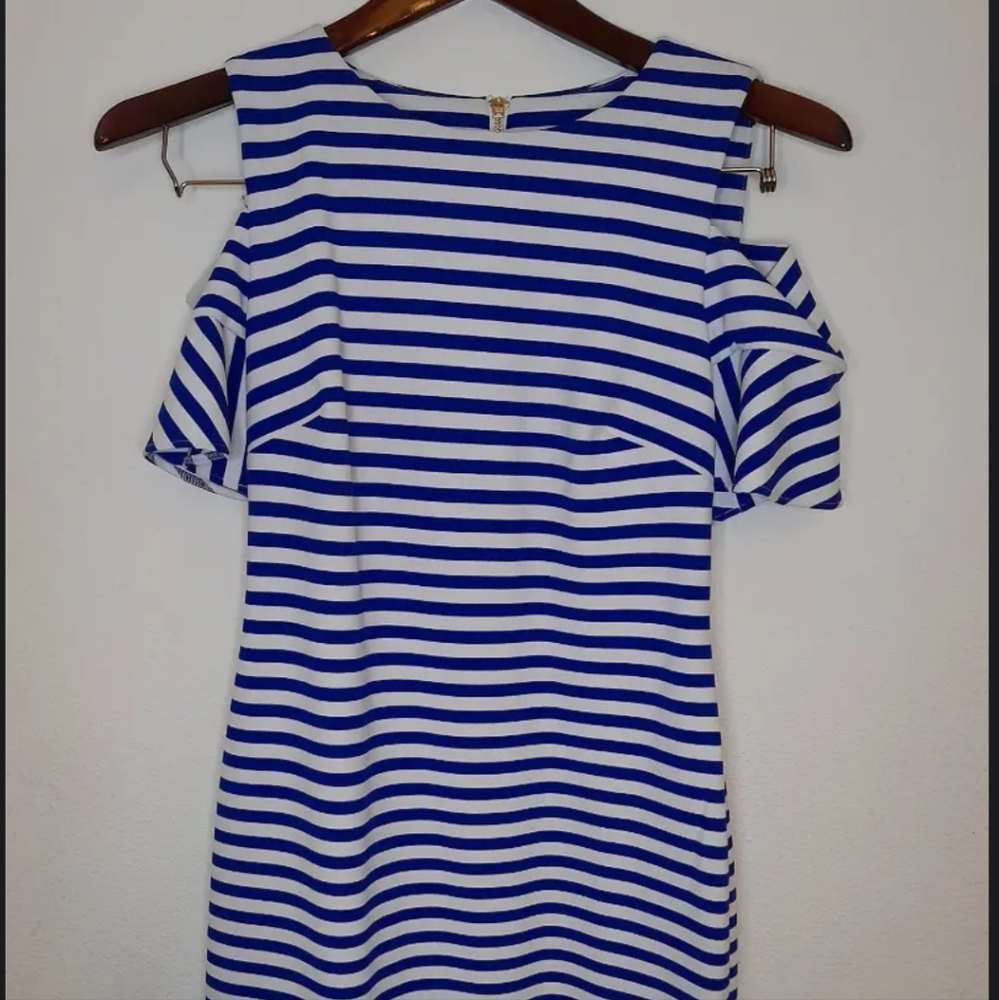 Calvin Klein stripes cold shoulder sheath dress